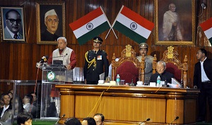 The Governor of Arunachal Pradesh Shri P.B. Acharya addressing the eleventh session of the Sixth Legislative Assembly at Arunachal Pradesh State Legislative Assembly, Naharlagun on 6th March�2017. Also seen: Speaker of State Legislative Assembly, Er. T.N. Thongdok.